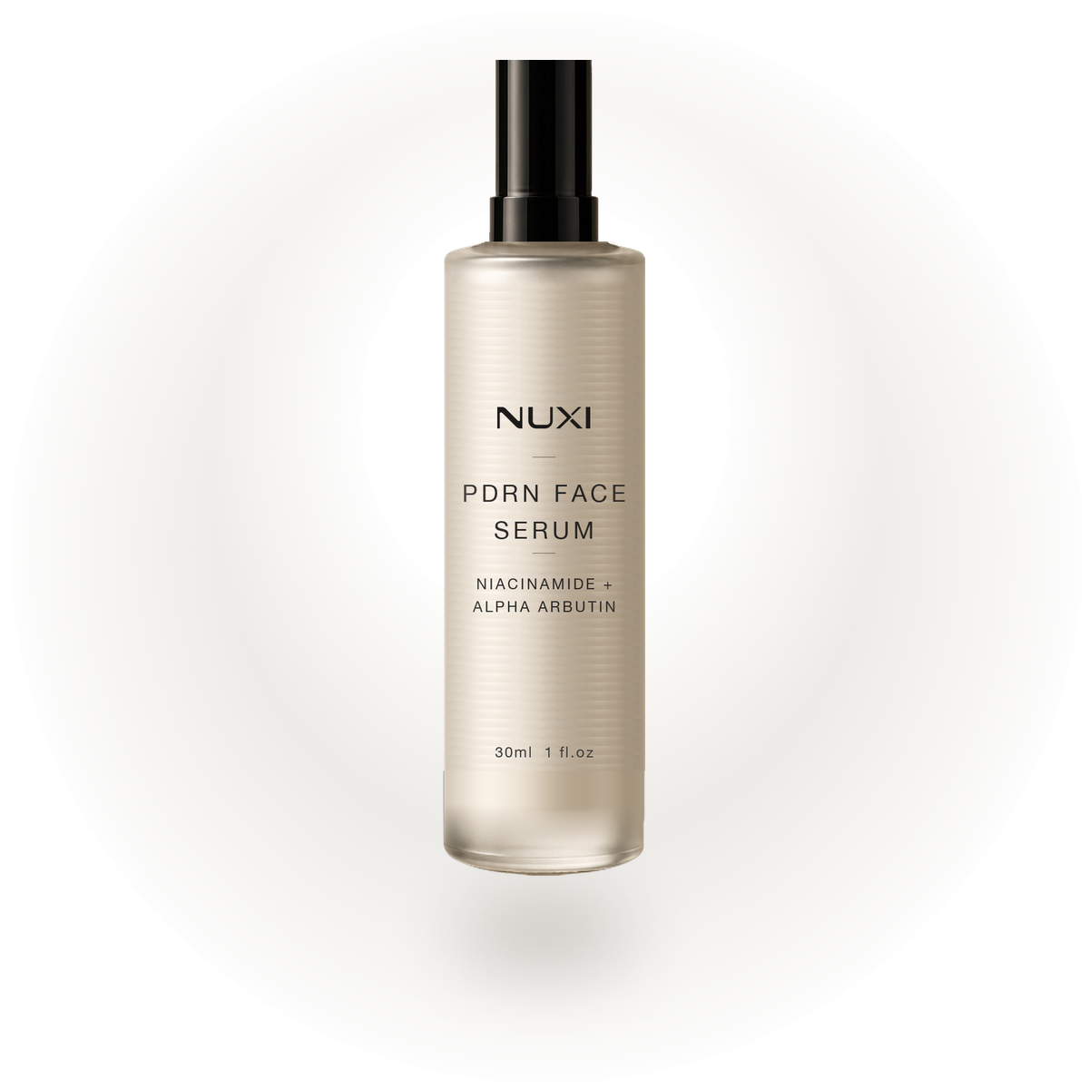 NUXI PDRN Face Serum — 30 ml frosted glass bottle with a black pump, lit on a plain studio backdrop