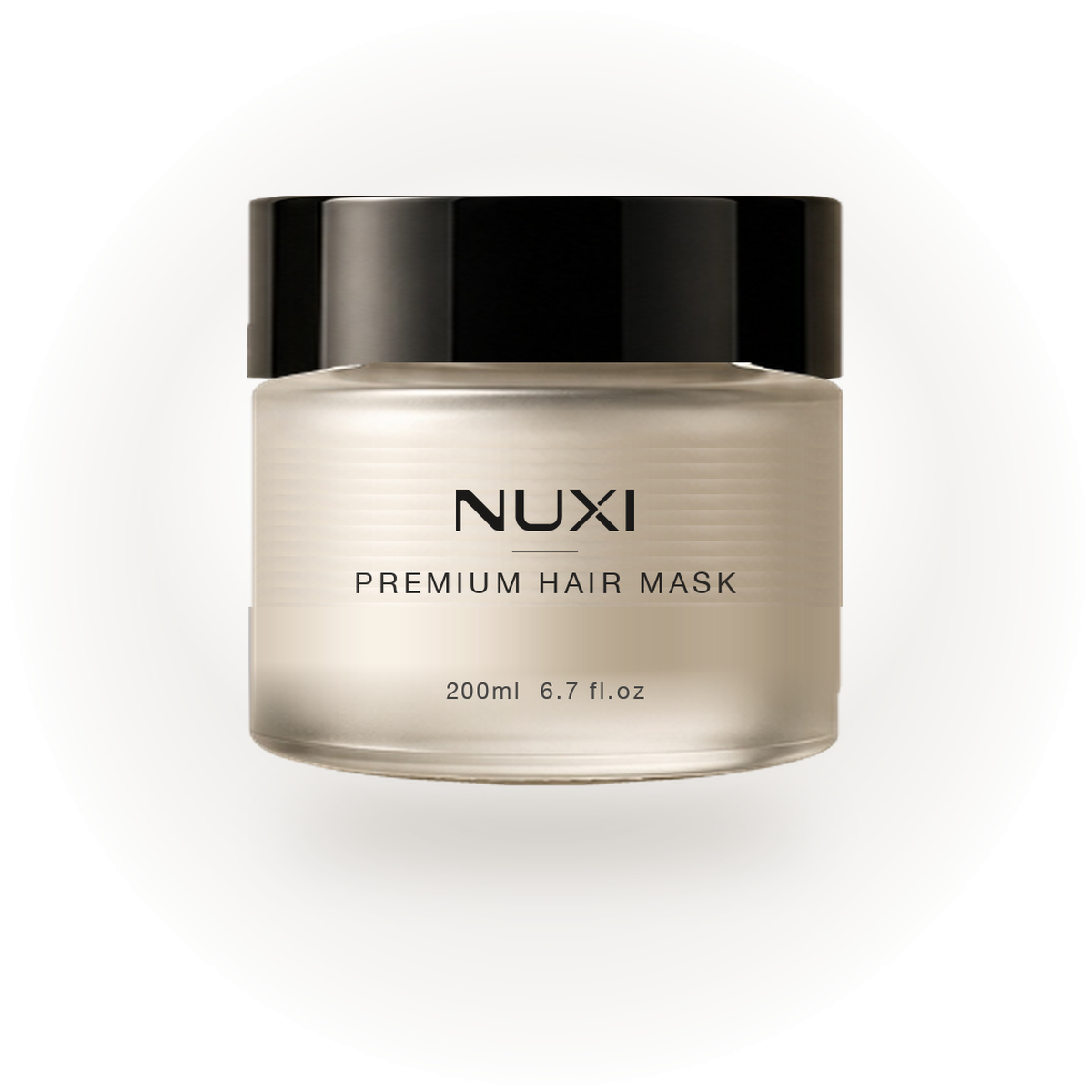 NUXI Premium Hair Mask — 200 ml frosted glass jar with a black lid, lit on a plain studio backdrop