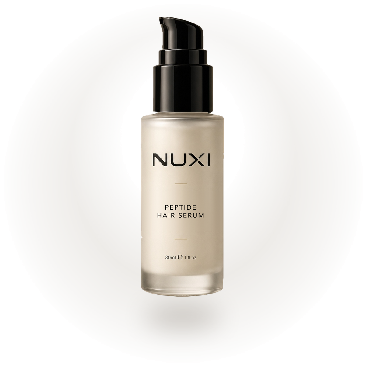NUXI Advanced Peptide Hair Growth Serum — 30 ml frosted glass bottle with a black pump, lit on a plain studio backdrop