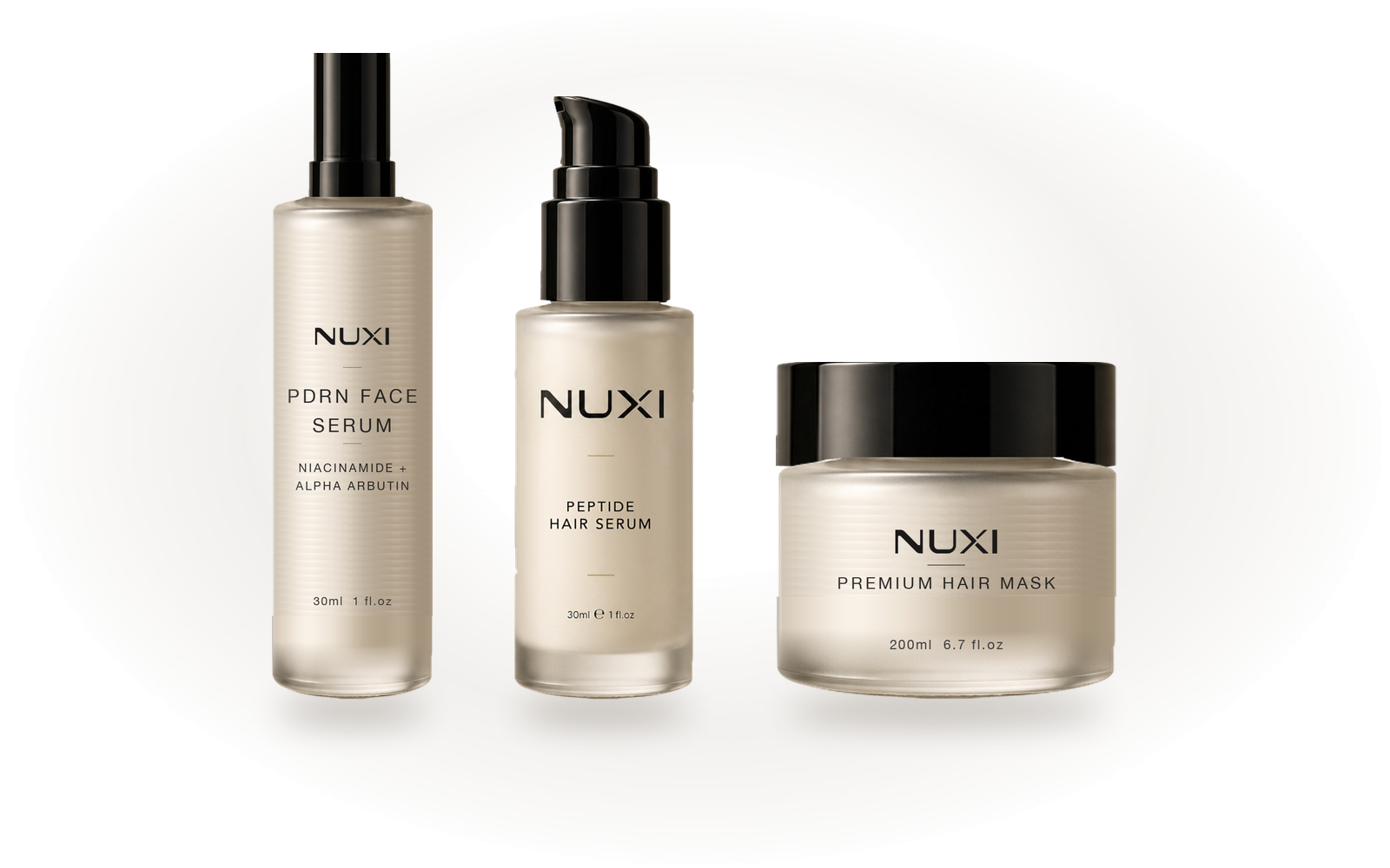 All three NUXI formulas together — the Advanced Peptide Hair Growth Serum, the PDRN Face Serum and the Premium Hair Mask